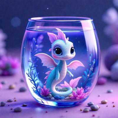 The primary subject of the image is a small, colorful, and cute dragon figurine. The dragon is sitting in a glass bowl filled with rocks, creating a visually appealing and whimsical scene. The setting is a table, and the visual style is a combination of digital art and illustration. The colors and mood of the image are vibrant and cheerful, with the dragon figurine being the main focus and center of attention.